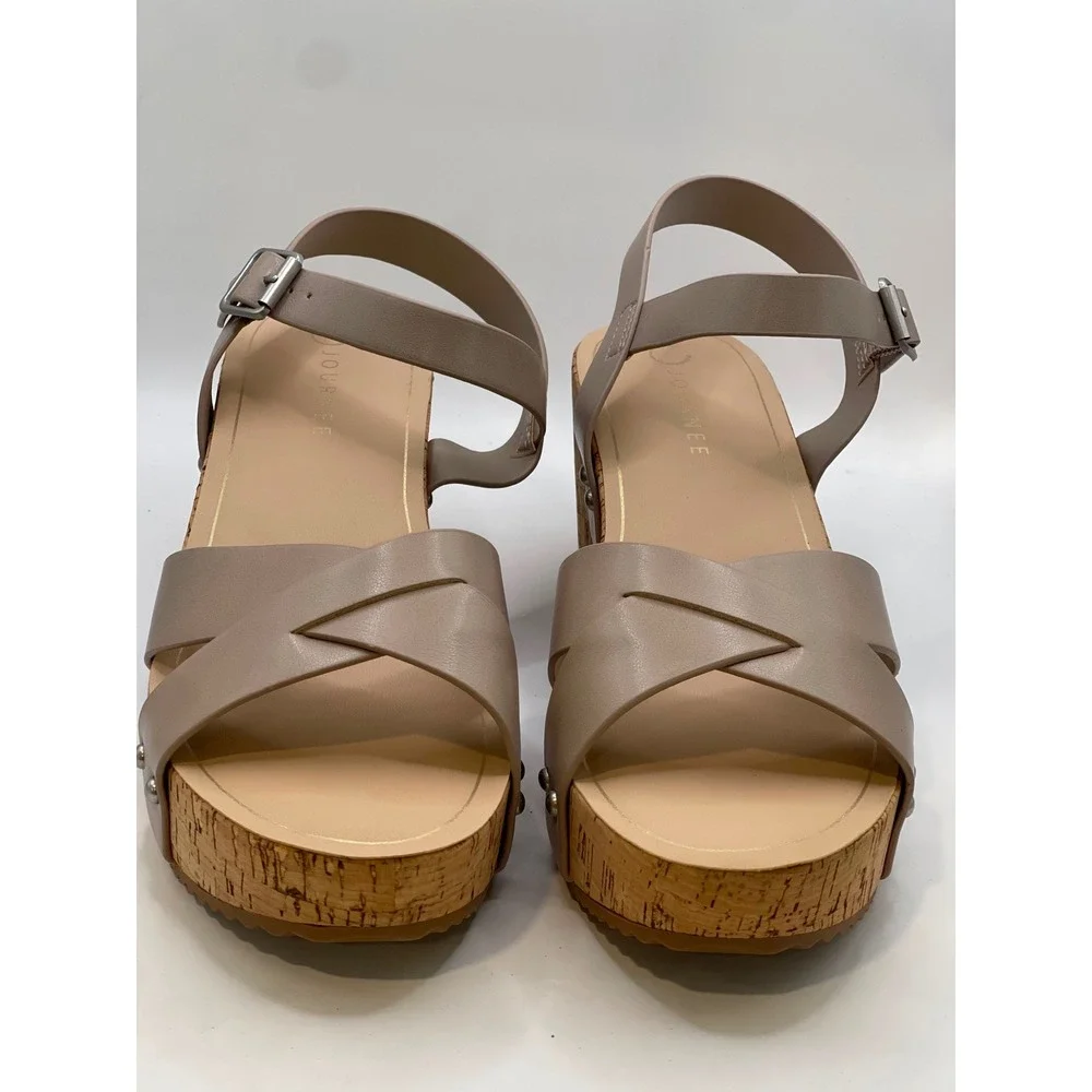 Journee Collection Valentina Taupe Cork Platform Wedge Sandals Womens 12M New